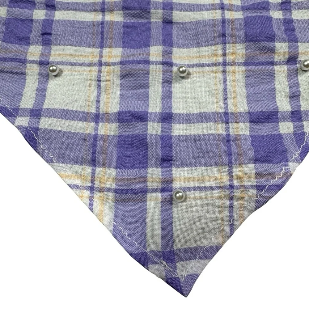 New Anthropologie Purple Plaid Pearl Embellished Hair Scarf